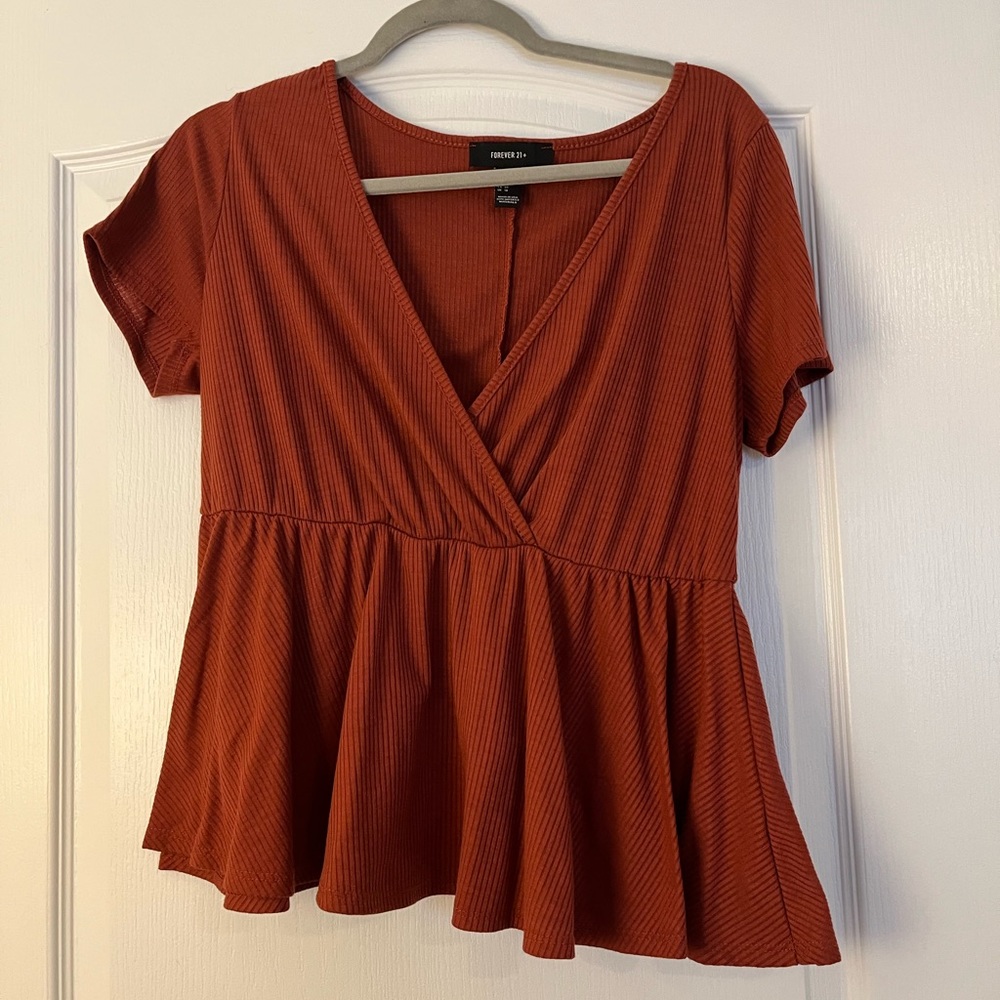 Women's Ribbed Rust V-Neck Blouse